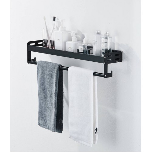 Bathroom Shelf with Towel Rail and Hook 40cm Matt Black drilling / no drilling
