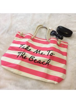 Women Canvas Stripe Handbag Summer Beach Shoulder Bag Pink