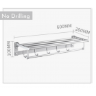 Aluminium Towel Rail Rack with Hooks 60cm drilling / no drilling - Silver