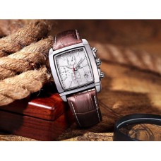 MEGIR Rectangle Auto Date Chronograph Leather Men Quartz Wrist Watches BROWN