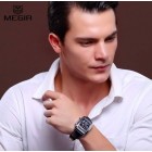 MEGIR Rectangle Auto Date Chronograph Leather Men Quartz Wrist Watches BLACK